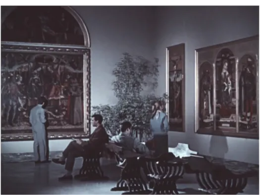 Fig. 2: Fotogramma tratto dal film Brera museo vivente,  heusch  1956. La Pinacoteca di  Brera riallestita da Fernanda Wittgens.