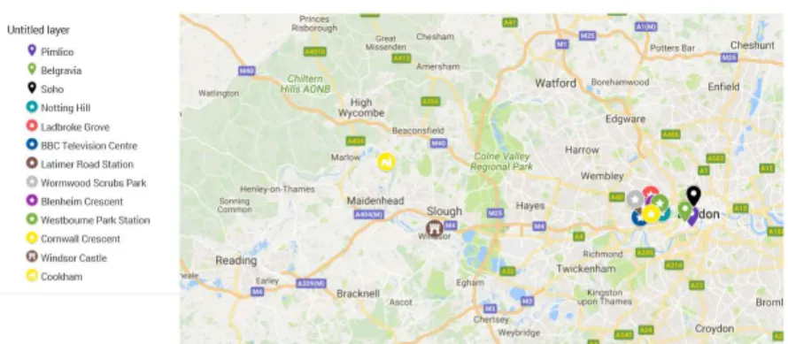 Fig. 4 Mappa dei luoghi di Londra presenti nel romanzo di MacInness creata con Google My Maps
