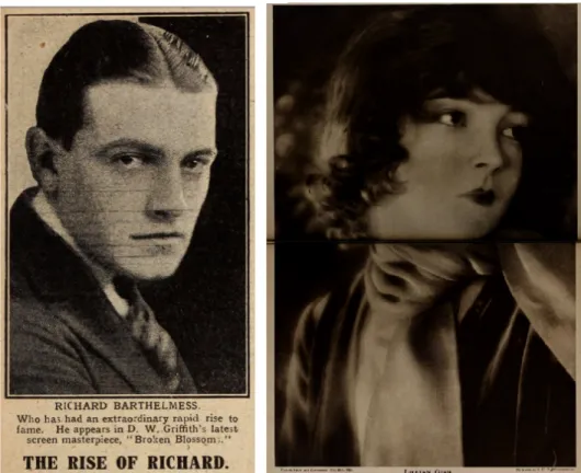 Figure 3. Photographs of Barthelmess and Gish from British fan magazines. From the left:  