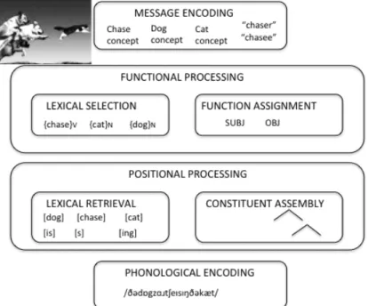 Figure 1. Schematic representation of a “consensus” model for language production. The model  architecture is neutral as to whether feedback and interaction  is allowed between units at different  levels
