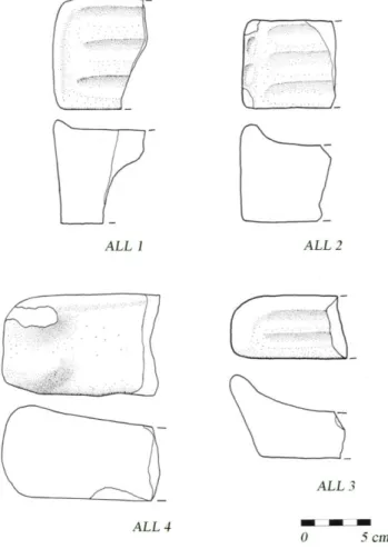 Fig. 6. Alari fittili da Allumiere, Monte Rovello (ALL 1, 2, 3) e da  Allumiere, Elceto (ALL 4) (da  DI  G ENNARO  1986, figg