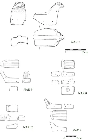 Fig. 16. Alari miniaturizzati (NAR 7, 8, 9, 10, 11) da Narce, Monte Li Santi  (disegno autore) (da B ENEDETTINI  – C ARLUCCI  2016, fig