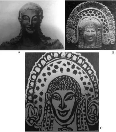 Fig. 1. A: Apollo di Veio (da g iglioli  1919, tav. V); B: Lanuvio, Antefissa (da  d Ella  s Eta  1918, tav