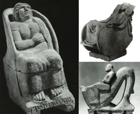 Fig.  3.  statua  cineraria  da  Chiusi,  La  convalescente  (1932)  e  Fanciullo su animale marino (foto rielaborata da d El  p uppo  2009, p