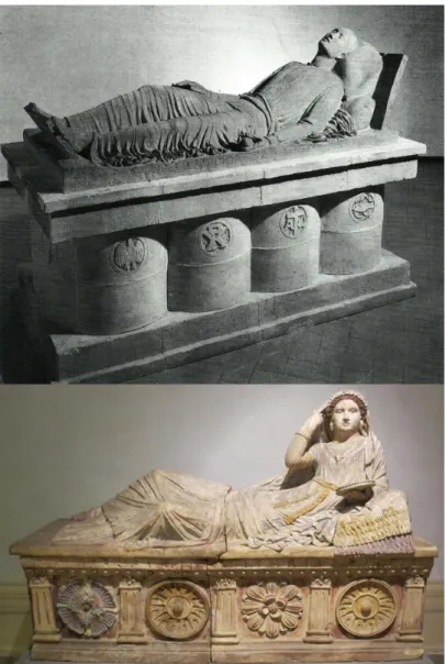 Fig.  6.  Un  benefattore  (1932-1933)  e  sarcofago  di  Larthia  Seianti  (foto rielaborata da v ianEllo  et Alii 1989, p