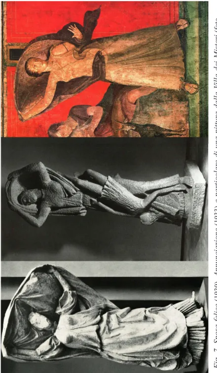 Fig. 7. Sposa felice (1930), Annunciazione (1933) e particolare di una pittura dalla Villa dei Misteri (foto  rielaborata da Perocco 1962, p