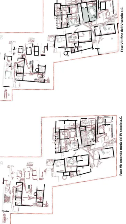 Fig. 3. Piante di fase dell’area sacra di Gravisca nel IV secolo a.C. (Archivio, Università degli Studi di Perugia).