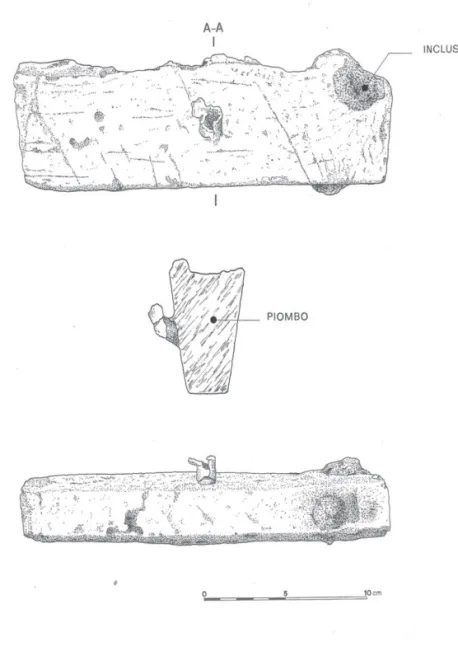 Fig. 6. Settore meridionale del santuario di Pyrgi: ceppo in piombo  rinvenuto nell’altare λ (disegno di Sergio Barberini).