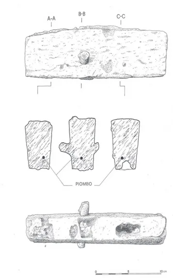 Fig. 8. Settore meridionale del santuario di Pyrgi: ceppo in piombo  rinvenuto nell’altare λ (disegno di Sergio Barberini).