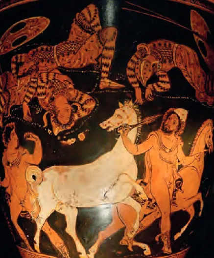 Fig. 1: Situle apuléenne du peintre de Lykourgos, 360. a.C.,  Naples, MAN, inv. 81863: le vol des chevaux de Rhésos.