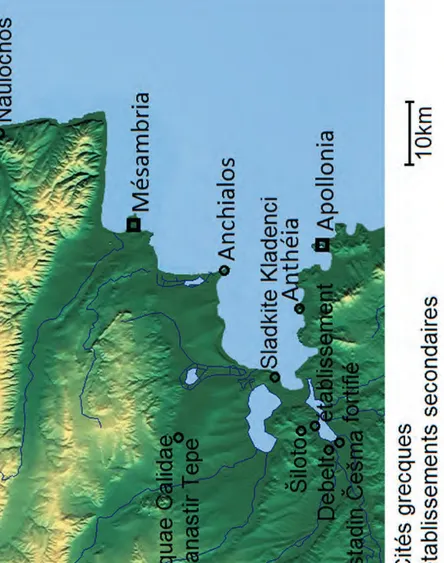 Figé 1: carte de la région de Bourgas avec les principaux établissements  hellénistiques (source du fond de carte www.wikipedia.org).