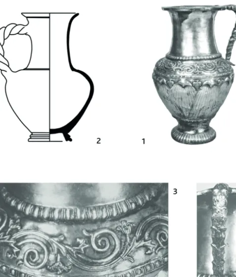 Fig. 1: 1. The silver jug from Naip (after Delemen 2006); 2. Drawing of a jug of “West  Slope” ca. 275 B.C