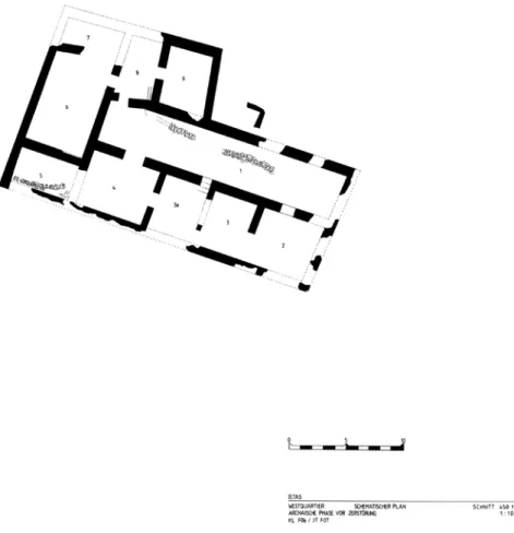Fig. 6 b. Casa a cortile tardo-arcaica, pianta schematica della fase arcaica.