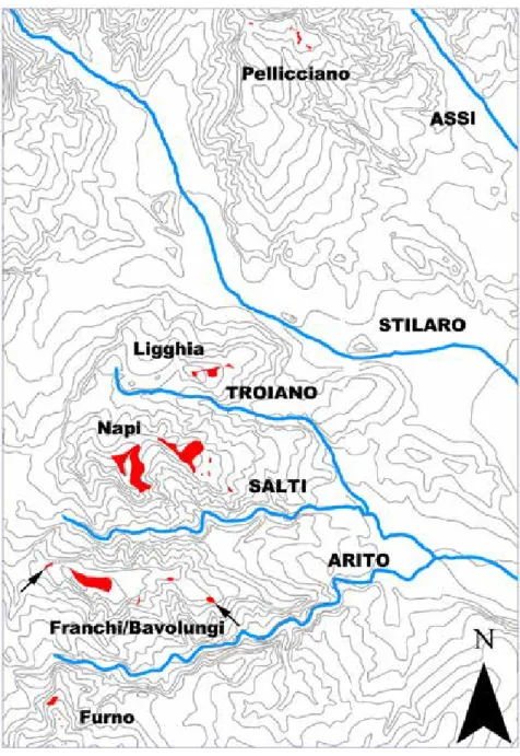 Fig. 2. Survey nel territorio di Kaulonia. I siti protostorici d’altura dell’entroterra (in  rosso le Unità Topografiche individuate)