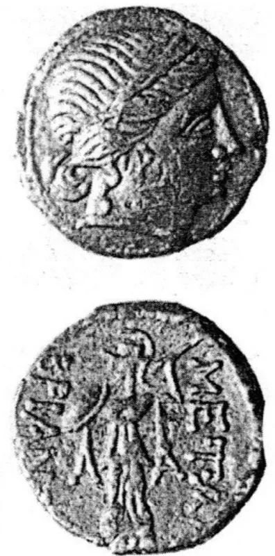 Fig. 5 – Moneta bronzea con testa femminile e Atena Alkis (Karayotov 1994, tav. I, 9).