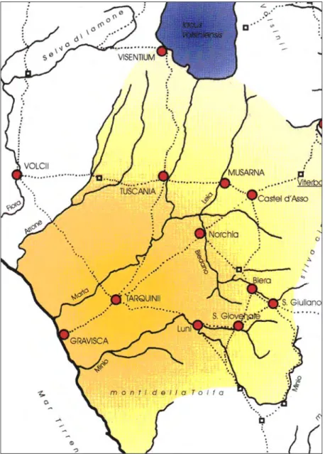 Fig. 4 – Il territorio tarquiniese nella sua massima estensione, con indicazione dei princi- princi-pali centri abitati e delle reciproche vie di collegamento (da A