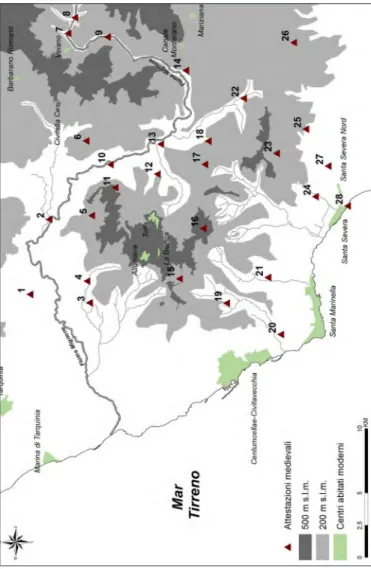 Fig. 9 – Il territorio in esame con l’indicazione dei principali insediamenti riferibili all’XI-XV secolo d.C.: 1) S