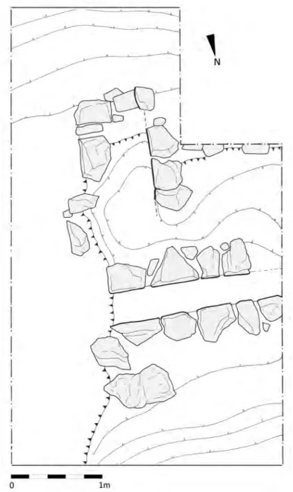 Fig. 3 – Poggio Civitella, primo livello difensivo: pianta delle strutture interpretate come 