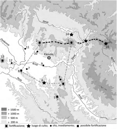 Fig. 1 – Carta topografica del territorio fiesolano. 1. Monte Giovi, 2. Monte Morello (Pog- (Pog-gi all’Aia); 3