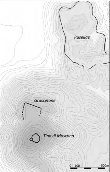 Fig. 7 – Il pianoro del Grascetone con le mura lungo il ciglio. Rilievo di L. Cappuccini.