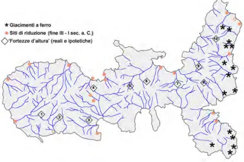 Fig. 1 – L’isola d’Elba. Sono indicati i giacimenti di ferro e i siti di riduzione attivi in età  romano-repubblicana (il cerchio vuoto indica sito di incerta evidenza).