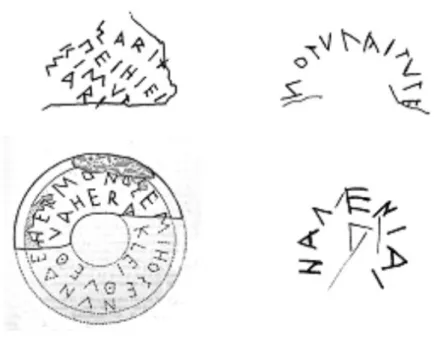 Fig. 1 – Iscrizioni elime e greche da Segesta (in senso orario, IAS 323b, 317, 305, *371).