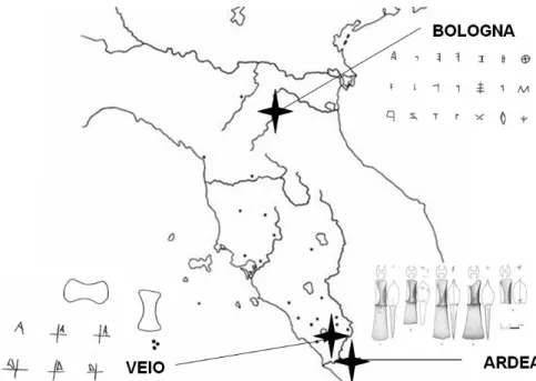 Fig. 1 - L’asse del Tevere e i rinvenimenti epigrafici entro l’orientalizzante antico