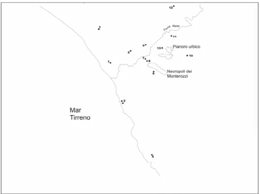 Fig. 1 - Carta semplificata del territorio suburbano dell’antica Tarquinia con indicazione del  pianoro  sede  della  città  etrusca  e  della  necropoli  dei  Monterozzi;  i  simboli  numerati  si  riferiscono alle località citate nel contributo (quadrati