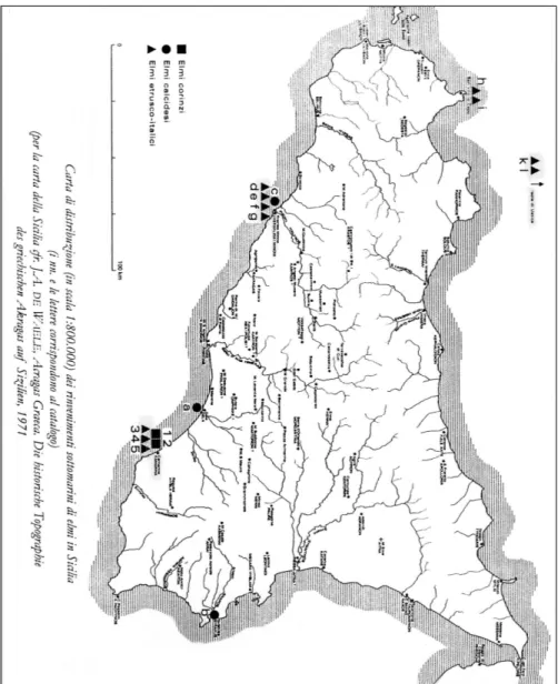 Fig. 1 – Distribuzione degli elmi di età arcaica ed ellenistica in Sicilia, P FLUG  2006