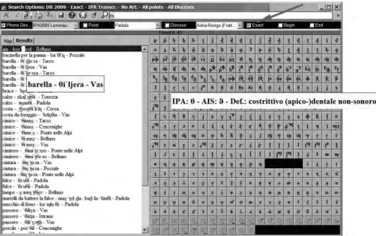 Fig. 14 – Ricerca esatta della sequenza IPA /θi/, riscontrata in 41 parole del database AMDV 2009-2010.