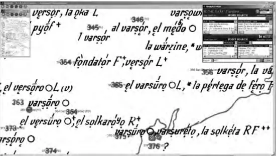 Fig. 2 – NavigAIS: La finestra di navigazione (in alto a sinistra), la carta AIS n. 1434 (L’aratro), e la finestra con la ricerca dei lemmi e dei punti (in alto a destra).
