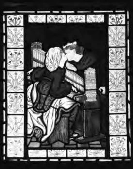 Fig. 7 - Dante Gabriel Rossetti, ‘Music’, King René’s Honeymoon, 1863, stained and  painted glass, The Victoria and Albert Museum, London
