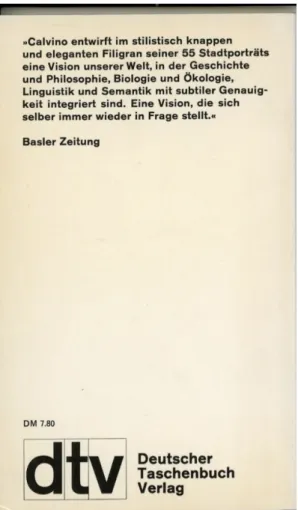 Fig. 5 – Die unsichtbaren Städte, DTV, 1985,  quarta di copertina.