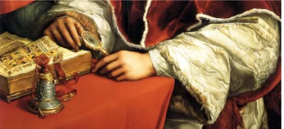 Figura 4 - Raffaello Sanzio, Ritratto di Leone X con i Cardinali Giulio de’ Medici e Luigi  de’ Rossi, 1518-19; Galleria degli Uffizi, Firenze (particolare)