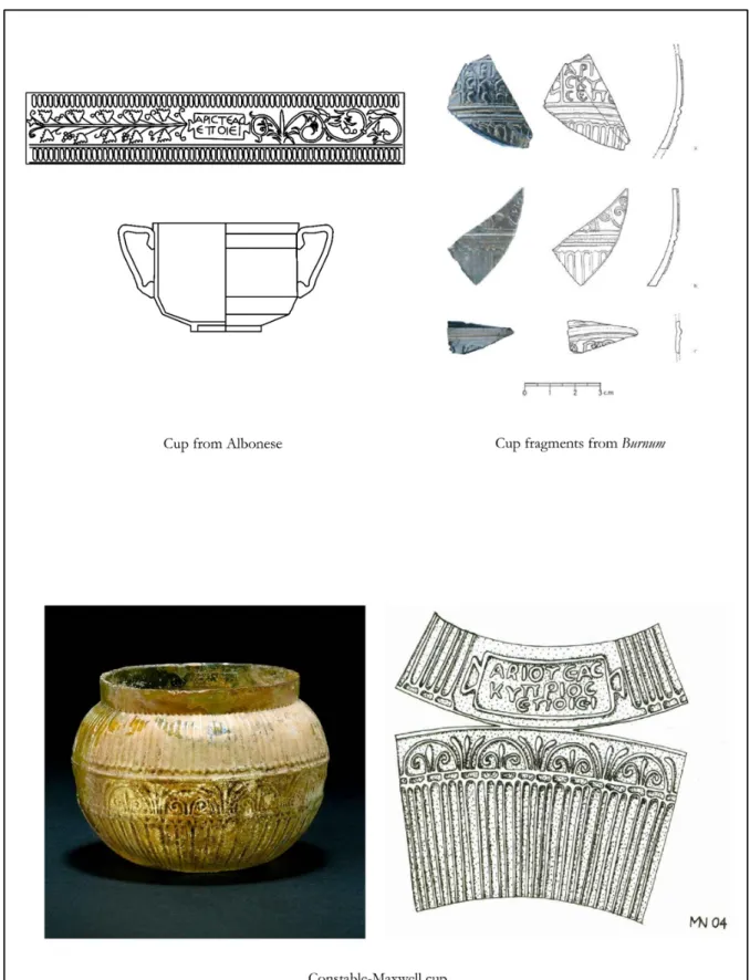 Fig. 3. Overview of Aristeas’ known cups from Albonese (Author’s elaboration: frieze decoration re-drawn  after C ALVI  1965, fig