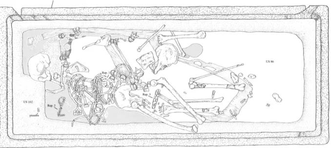 Fig. 2. Colonna, località Pian Quintino. Tomba 11. Pianta generale dell’interno del sarcofago, con indicazione  dei reperti e dei materiali rinvenuti