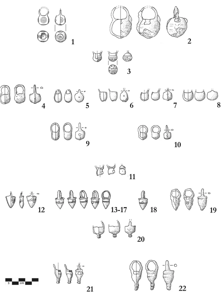 Fig. 10. I pendagli a secchiello del Forcello: 1-2 pendagli tipo 1A (n.1 immagine modificata e integrata da  DE  M ARINIS   2007b,  p