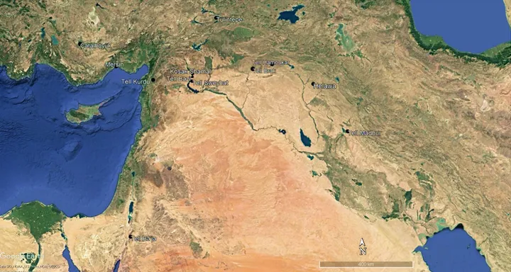 Fig. 1. Mappa del Vicino Oriente con i siti citati nel testo (elaborata da Google Earth Maps).