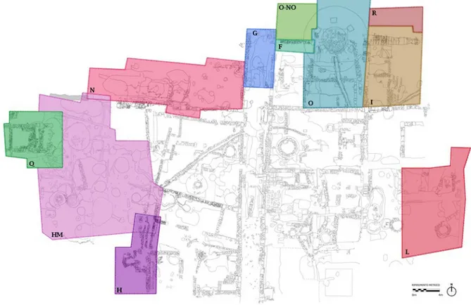 Fig. 1. Pianta del ‘complesso monumentale’ con indicazione dei settori, campagne di scavo 1991-2017 (Archivio  Etruscologia, Università degli Studi di Milano)