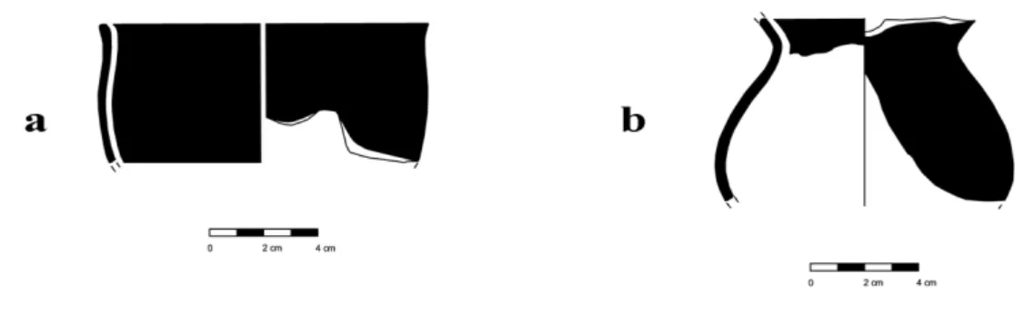 Fig. 4. Ceramica a vernice nera dalle fosse nel vano A. Uno skyphos frammentario (a) e  una brocchetta frammentaria (b)
