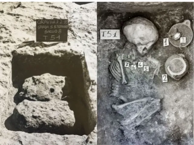 Fig. 1. La tomba al momento del ritrovamento con il corredo e lo scheletro (Archivio fotografico  Soprintendenza Archeologia, Belle Arti e Paesaggio per la città metropolitana di Bari).