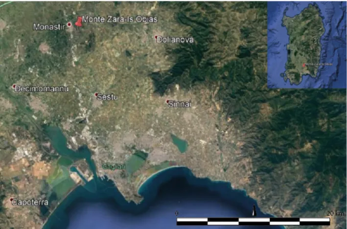 Fig. 1. Foto satellitare del Golfo di Cagliari con localizzazione del sito di Monte Zara - Is Obias (Rielaborazione  Autore da Google Earth).