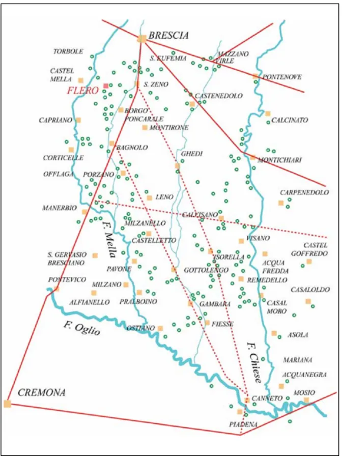 Fig. 1. Viabilità e distribuzione degli insediamenti di età romana nella pianura bresciana orientale