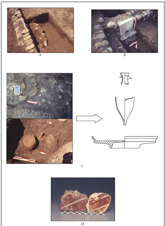 Fig. 4. A) Dettagli della struttura e della stratigrafia collegata. B) Lo scarico per l’acqua in fase di scavo