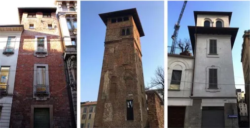 Fig. 11. Le case-torri attualmente visibili a Milano; da sinistra a destra la torre  dei Meravigli, la torre dei Gorani e quella dei Morigi (foto dell’autore).