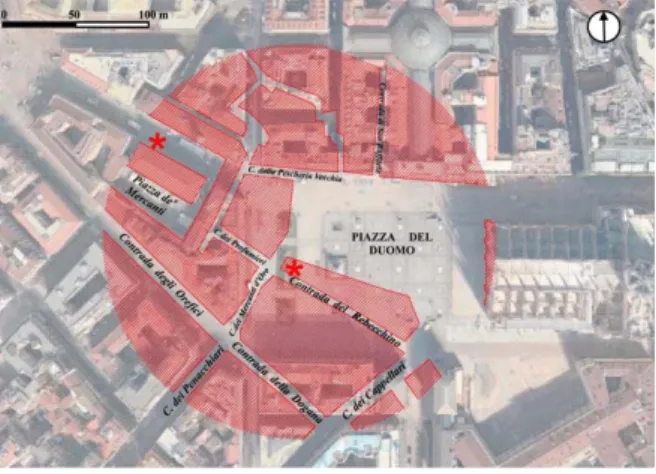 Fig. 1. Il centro di Milano con la topografia del 1872 in rosso. Gli asterischi indicano i basamenti (elaborazione  dell’autore).