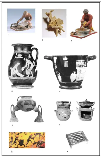 Figura 1. 1-3 terracotte beotiche con scene di cucina; 4-5 raffigurazioni di attrezzi da cucina su vasi attici a figure  rosse (da V ILLARD -B LONDÉ  1992); 6-7, 9 sistemi di cottura (6 da M ORRIS  1985; 7, 9 da S PARKES  1962); 8  particolare dell’Idria R