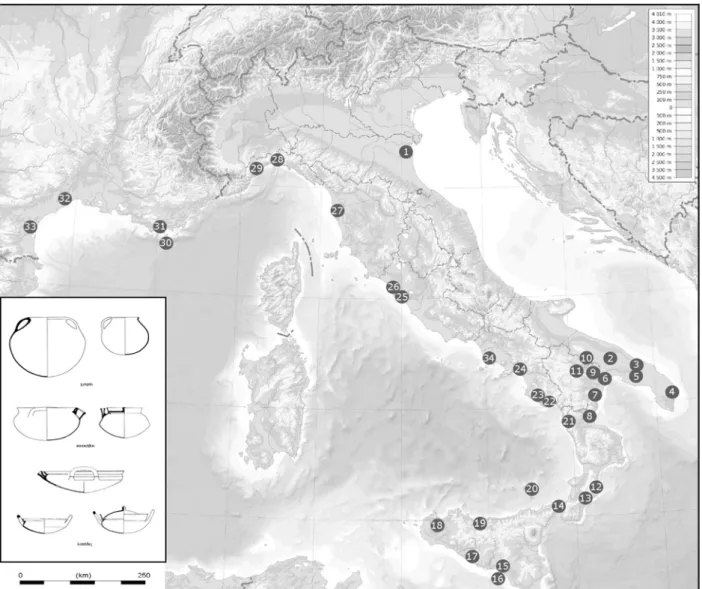 Figura 2.. Principali siti con ceramica da cucina di tipo greco nel Mediterraneo occidentale tra fine VI e III-II BCE: 1 Spina; 