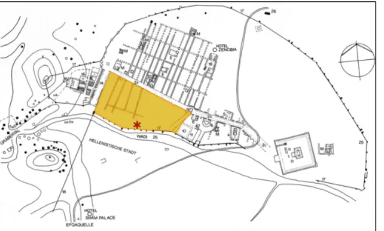 Fig. 1. Le “ Bâtiment à Péristyle ” dans le quartier sud- sud-ouest de Palmyre (plan général d’après  AL  A S ' AD   -S CHMIDT -C OLINET  2005)