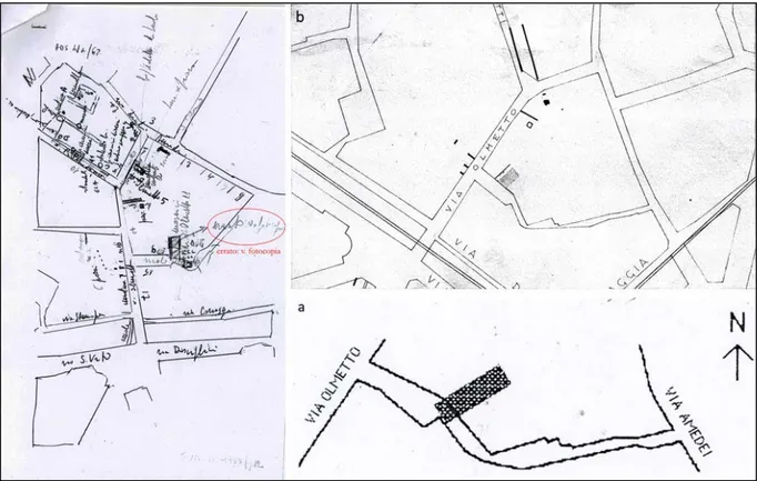 Fig. 4. Schizzo di Mirabella Roberti dove sono riportati i diversi rinvenimenti della zona; a: il  posizionamento allegato; b: il posizionamento dell’area di scavo del 1970 (ATS, V, 54, Giornale di scavo)